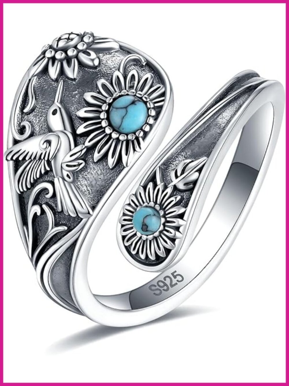 S925 Sterling Silver Abalone Dragonfly Spoon Ring Turquoise Vintage Boho